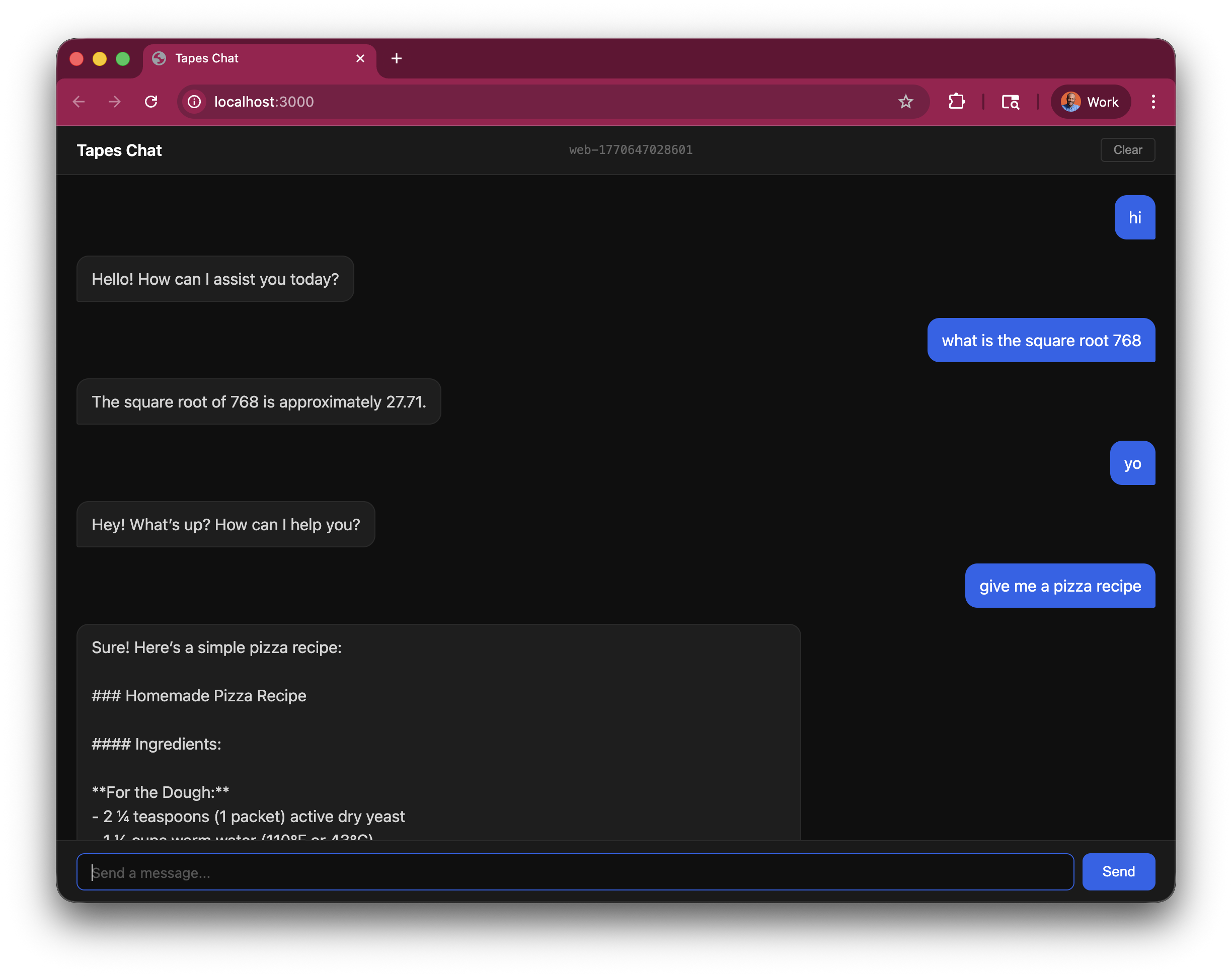 Screenshot of the example chat web interface showing a conversation history sidebar on the left and a chat window on the right with example AI responses